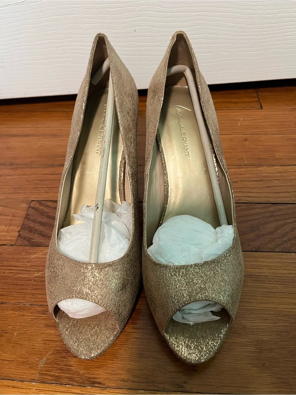 Lane Bryant Gold Glitter Peep Toe Pumps